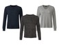 Drei Langarmshirts: dunkelblaues Rundhals, schwarzes Rundhals und graues V-Ausschnitt.