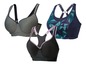 Drei Sport-BHs: grau, schwarz und dunkelblau mit geometrischem Muster.