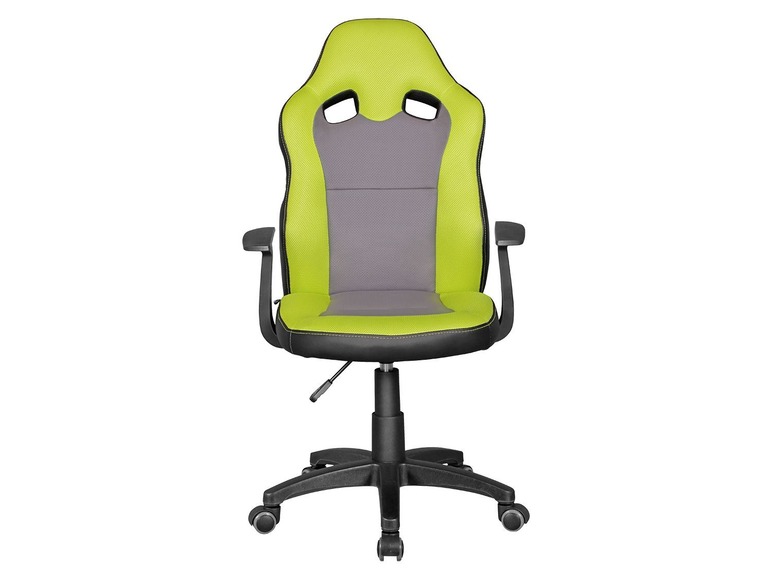 Ein grüner und grauer Gaming-Stuhl mit Armlehnen.