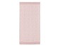 Ein rosa Handtuch mit weißem geometrischem Muster.