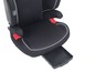 Ein schwarzer Autositz mit roten Akzenten und einem herausziehbaren Fach.