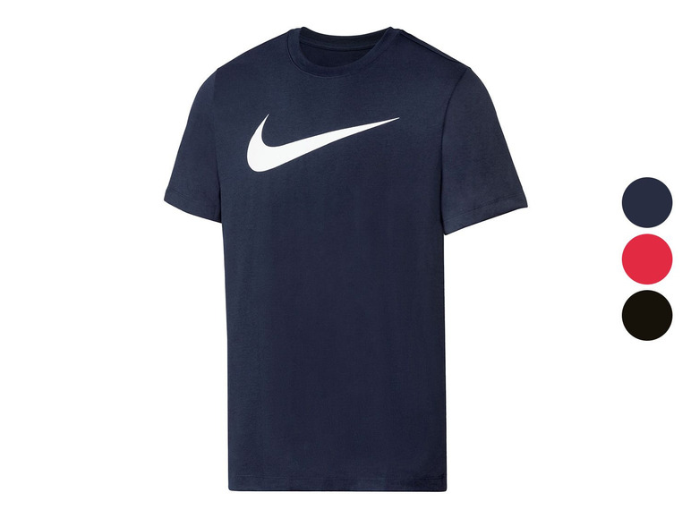Ein dunkelblaues Nike T-Shirt mit weißem Logo.