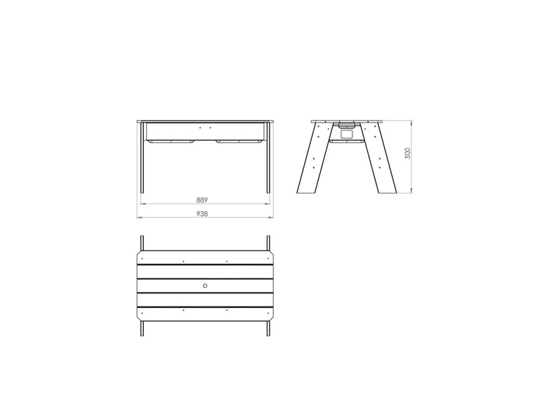 Eine Skizze eines Holztisches mit Maßen.