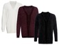 Drei Strickjacken mit V-Ausschnitt in Weiß, Burgunderrot und Schwarz.