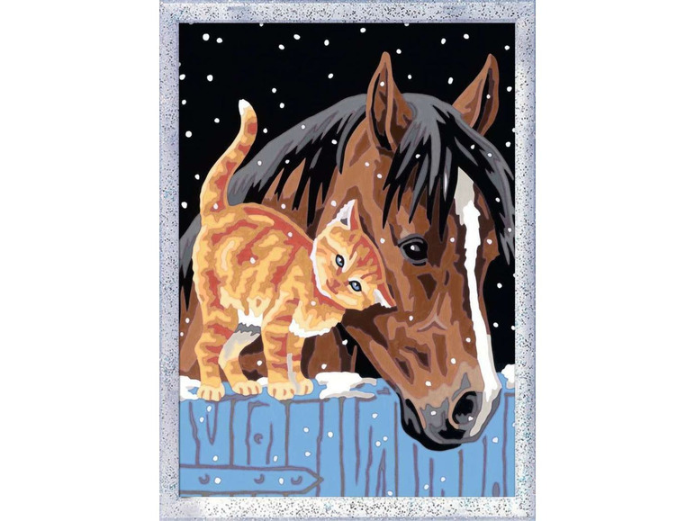 Ein Pferd und eine Katze im Schnee, mit Malen nach Zahlen gemalt.