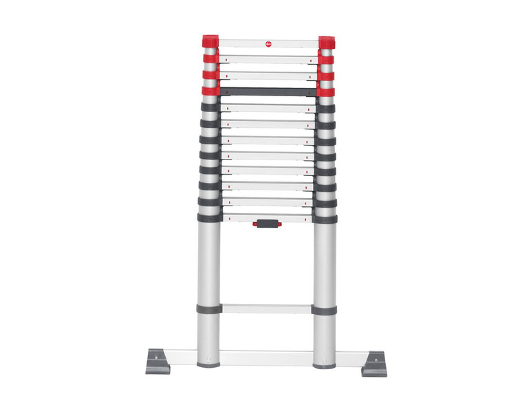 Eine Teleskopleiter mit roten Akzenten.