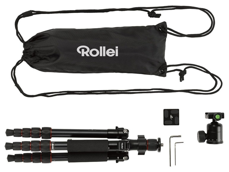 Ein Rollei Stativ mit Tasche, Kugelkopf und Zubehör.