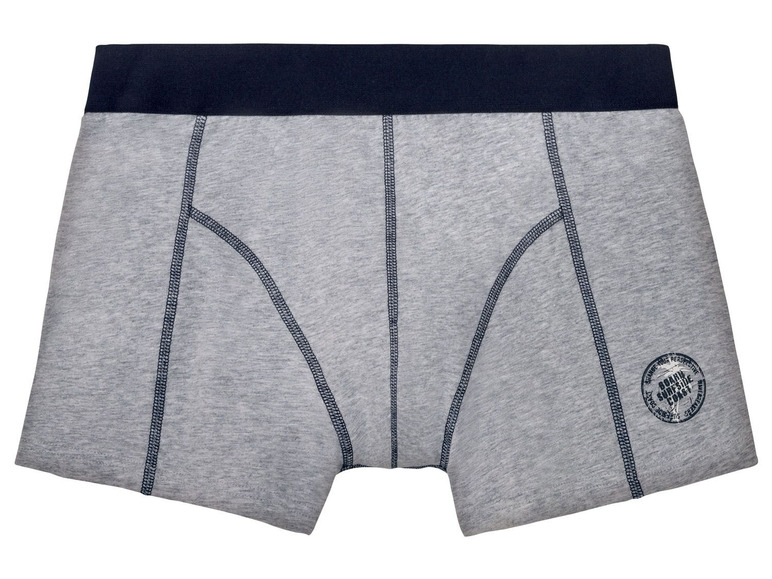 Graue Boxershorts mit einem dunkelblauen Bund und dem Logo 'Boardside Force'.
