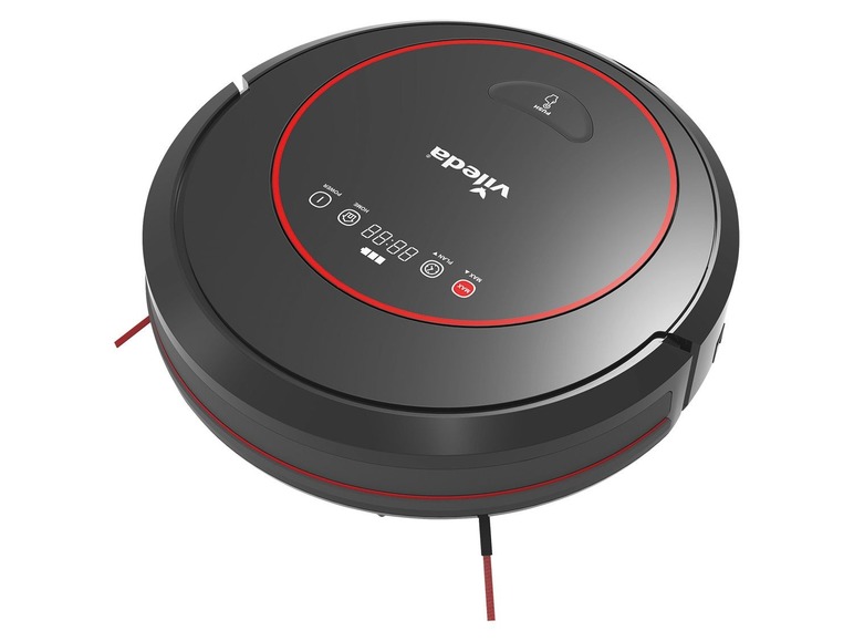 Ein schwarzer Vileda Roboterstaubsauger mit rotem Rand.