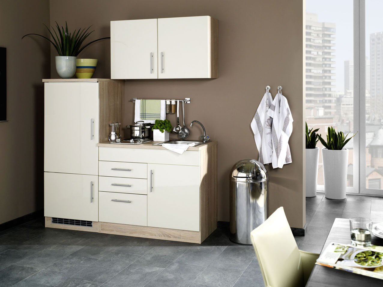 HELD Single Küche Torino 100/120/160/180/190/210cm (Hochglanz-Creme / Eiche-Sonoma, Breite 160cm) | 04251639433844