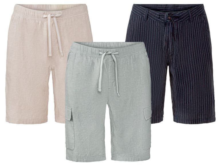 Drei Shorts: beige, grau und dunkelblau gestreift.