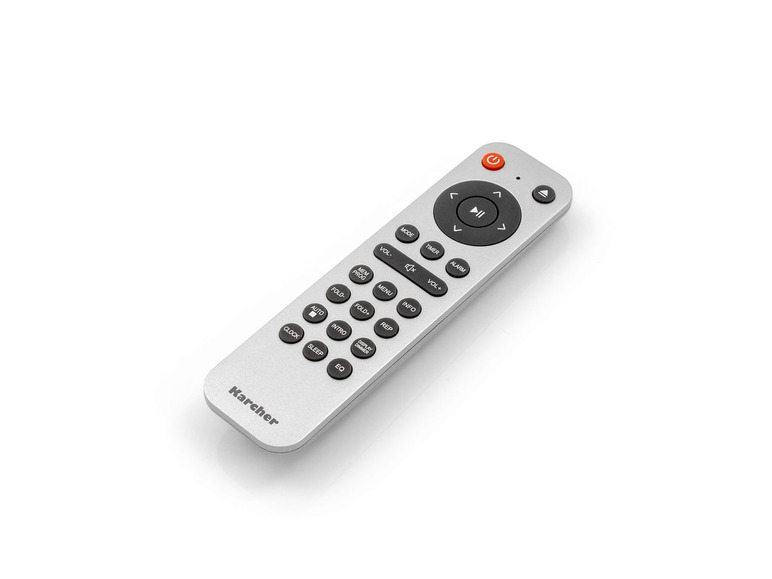 Eine Karcher-Fernbedienung mit Knöpfen für Lautstärke, Wiedergabe und Menüoptionen.