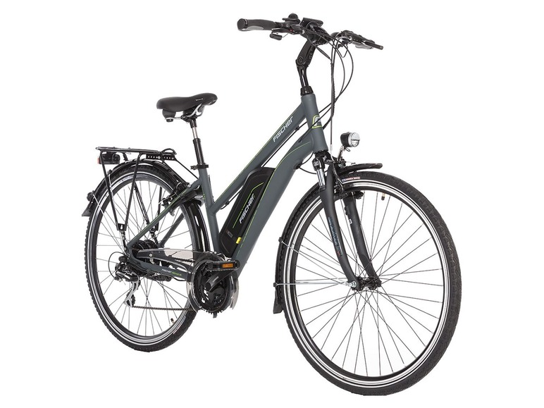 Ein graues Fischer E-Bike mit Gepäckträger.