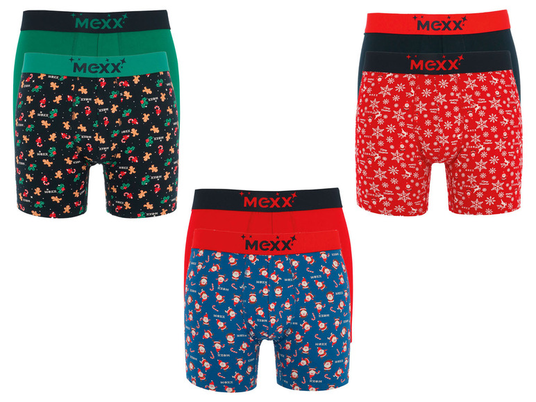 Drei Paar MeXX Weihnachts-Boxershorts mit verschiedenen weihnachtlichen Motiven.