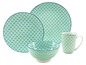 Ein Set aus zwei Tellern, einer Schüssel und einer Tasse in Türkis mit geometrischem Muster.