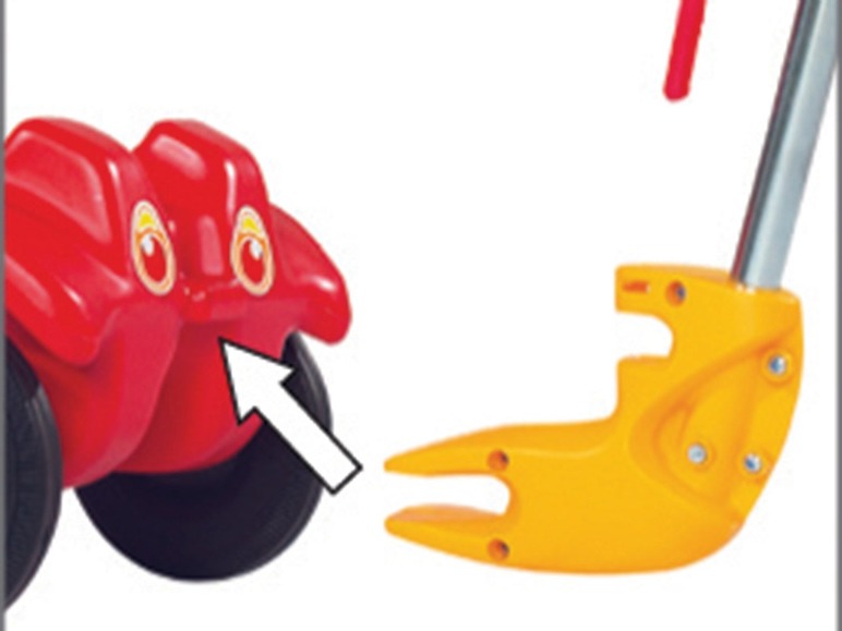 Ein rotes Spielzeugfahrzeug mit einem gelben Baggerarm.