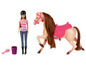 Eine Barbie-Puppe mit einem Pferd, Sattel, Bürste und Eimer.
