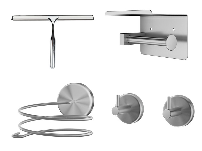 Ein Duschwischer, ein Toilettenpapierhalter, ein Föhn-Halter und Haken aus Edelstahl.