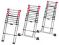 Drei silberne Teleskopleitern mit roten Details.