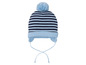 Blaue gestreifte Strickmütze mit Bommel.