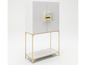 Weißer Schrank mit goldenem Untergestell und einer auffälligen Tür in Lippenform.