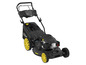 Ein schwarzer Güde Benzinrasenmäher mit gelben Rädern.