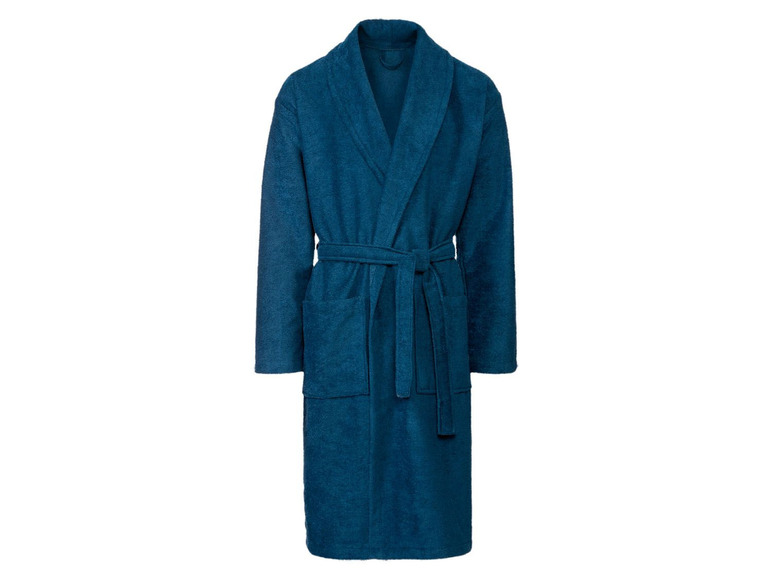 Ein blauer Bademantel mit Gürtel.