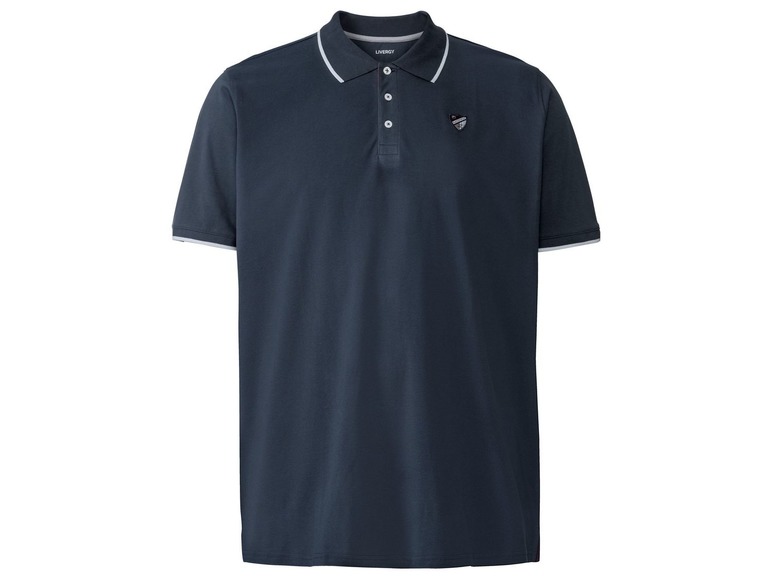 Ein dunkelblaues Poloshirt mit weißen Details und Livergy-Logo.