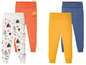Drei Paar Baby-Leggings: Weiß mit Berg-Print, orange und dunkelblau.