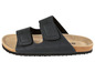 Schwarze Sandalen mit zwei Riemen und Korksohle.
