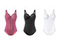 Drei verschiedene Lingerie-Bodys: rosa mit Spitze, schwarz mit Spitze und weiß mit Streifen.