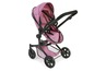 Rosa Kinderwagen mit Rädern und Griff.