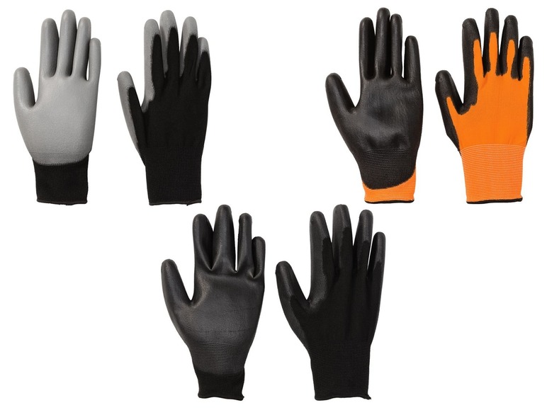 Schwarze und orangefarbene Arbeitshandschuhe mit rauen Fingern.