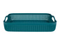 Ein tealfarbener Plastik-Aufbewahrungskorb mit Griffen.