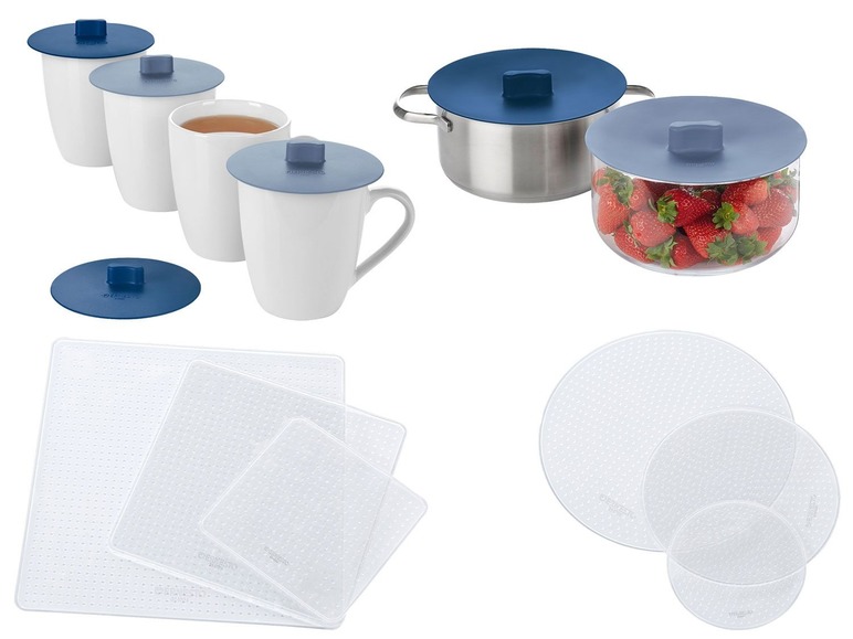 Silikon-Deckel und -Folien für Töpfe, Schüsseln und Becher.