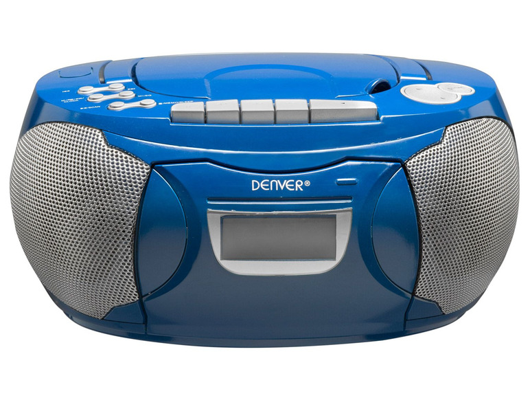 Blauer Denver Radio-Kassettenrekorder mit zwei Lautsprechern.