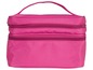 Eine rosa Kosmetiktasche mit mehreren Fächern.