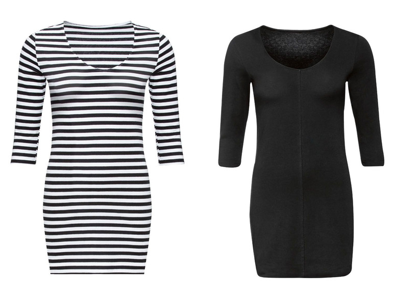 Zwei Kleider: eines mit Streifen und eines schwarzes.
