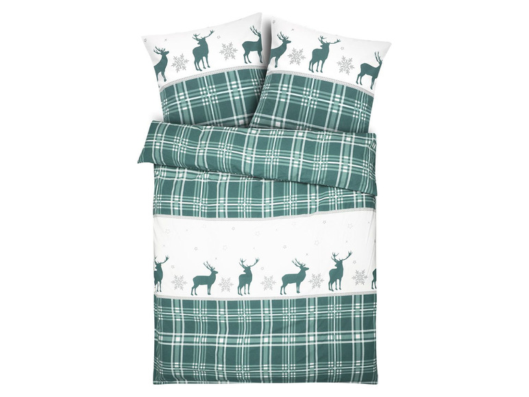 Grünes Plaid-Bettwäscheset mit Rentier-Motiv.