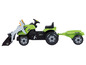 Grüner Spielzeugtraktor mit Schaufel und Anhänger.