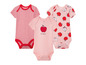 Drei Baby-Bodys mit roten Streifen, Apfel-Druck und dem Text 'So Sweet'