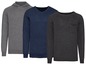 Drei Herrenpullover in Grau, Dunkelblau und Schwarz.