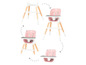 Ein rosa Hochstuhl mit Holzbeinen, der sich in einen Kinderstuhl verwandeln lässt.