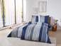 Blau-weiß gestreiftes Bettbezug-Set mit Kissenbezügen.