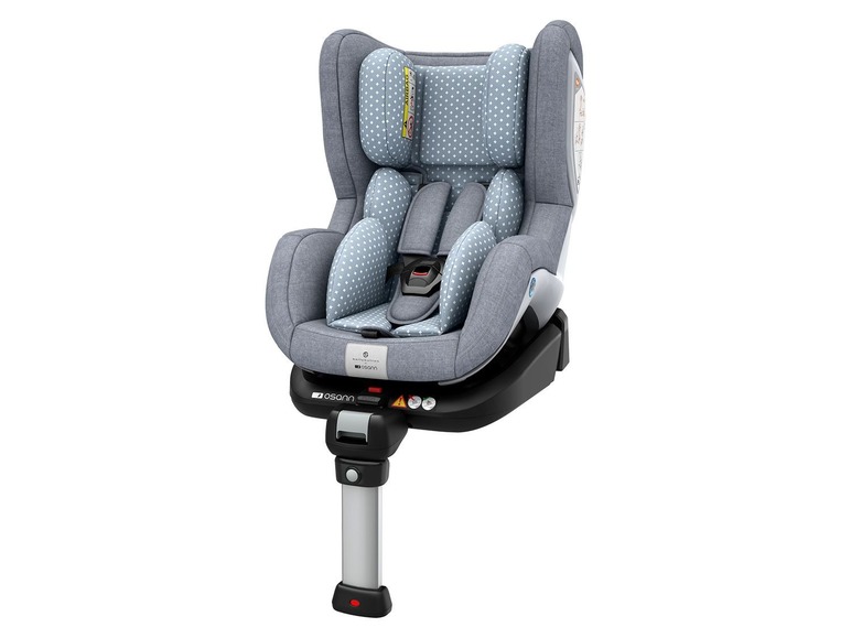 Ein grauer Autositz mit weißen Punkten für Babys.