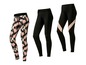 Drei verschiedene Leggings: eine mit rosafarbenem und schwarzem Muster, eine einfarbig schwarz und eine schwarz mit Mesh-Einsätzen.