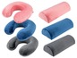 U-förmige Nackenkissen und Stützkissen in Rosa, Blau und Grau.
