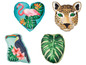 Kissen mit Dschungeltieren und tropischen Blättern, darunter ein Flamingo und ein Leopard.