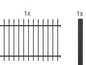Ein schwarzer Metallzaun mit spitz zulaufenden Spitzen und ein passender Pfosten.