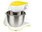 Ein gelber und weißer Küchenroboter mit einer Edelstahlschüssel.